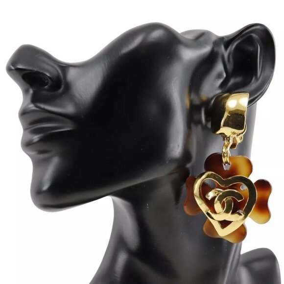 CHANEL COCO Mark Heart Earring Clover vintage Brown Plated Gold/plastic he... - Picture 12 of 15